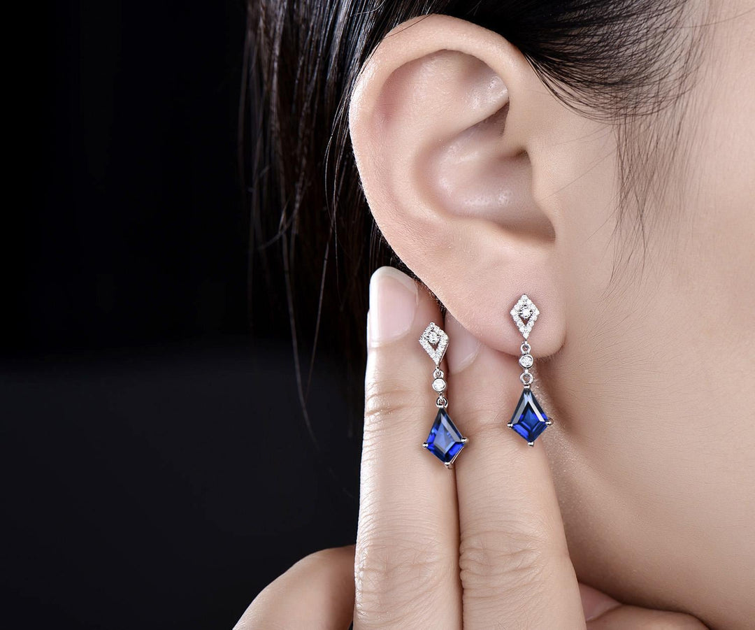 Vintage Kite cut blue sapphire earrings necklace set solid 9k 14k yellow gold bezel halo moissanite unique pendant Women anniversary gift