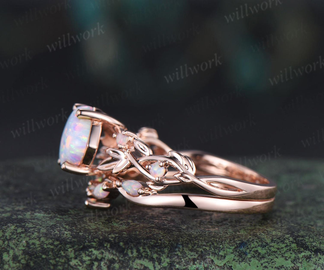 Vintage cushion white opal leaf engagement ring set 14k rose gold five stone cluster opal Nature inspired wedding ring set jewelry