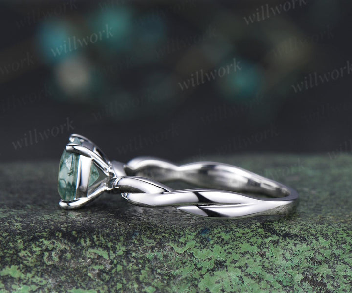 Cushion cut natural moss agate engagement ring infinity cross rope wrapping Solitaire solid 14k white gold wedding ring women jewelry