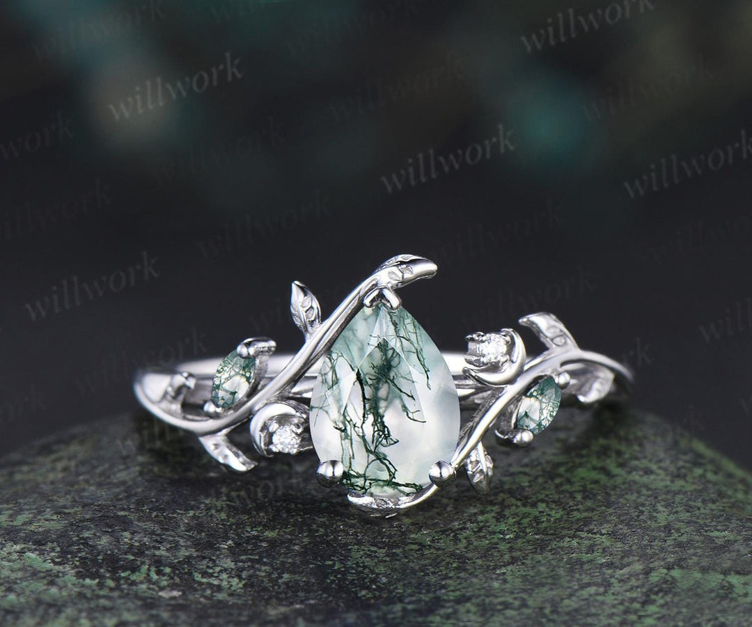 Teardrop pear cut moss agate ring vintage white gold leaf moon engagement ring set nature inspired marquise opal wedding ring silver