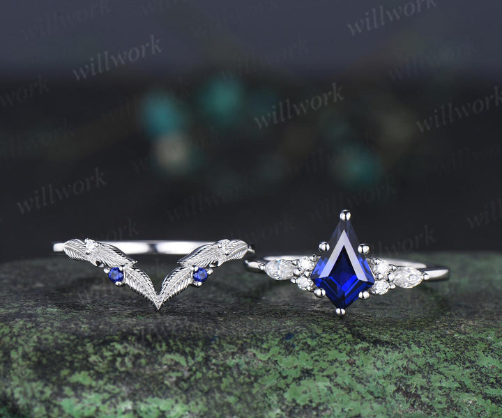 Kite cut blue sapphire engagement ring set moissanite vintage white gold ring leaf nature inspired wedding ring band retro bridal set