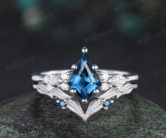 Kite cut London blue topaz engagement ring set moissanite art deco white gold ring leaf nature inspired unique wedding ring set jewelry