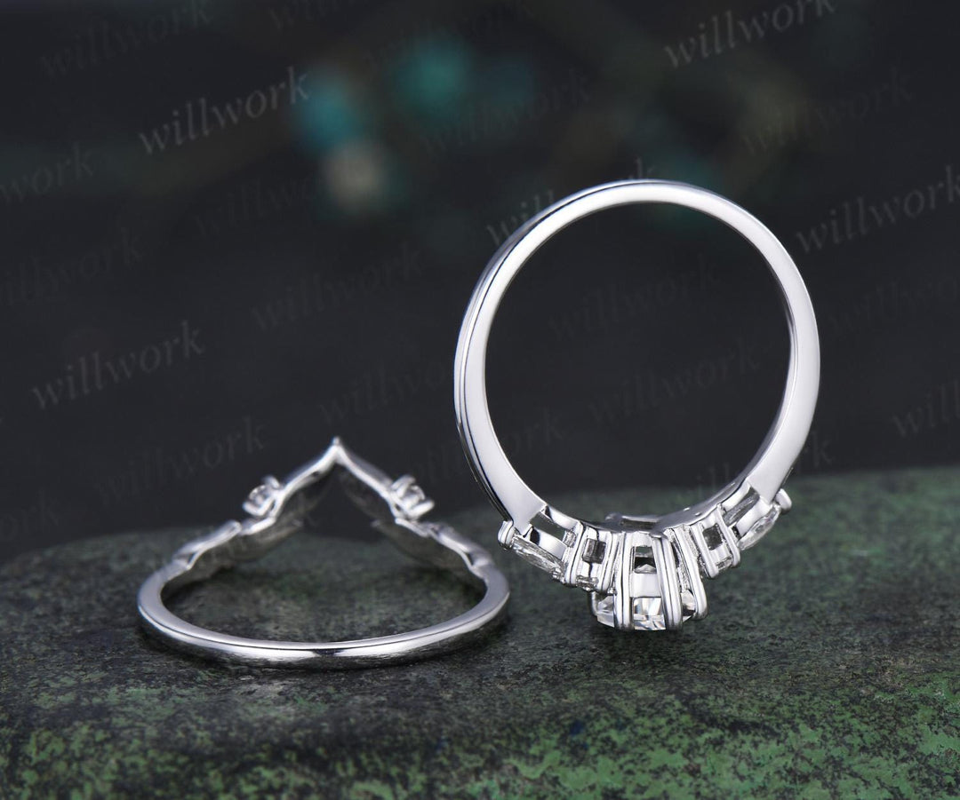 Kite cut moissanite ring vintage white gold unique leaf nature inspired engagement ring set handmade bridal set women jewelry