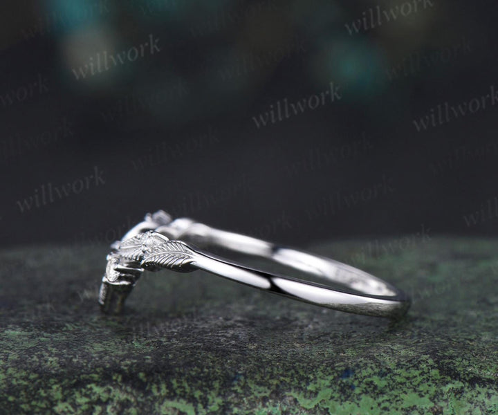 Curved V shaped diamond leaf wedding band white gold nature inspired stacking bridal ring women