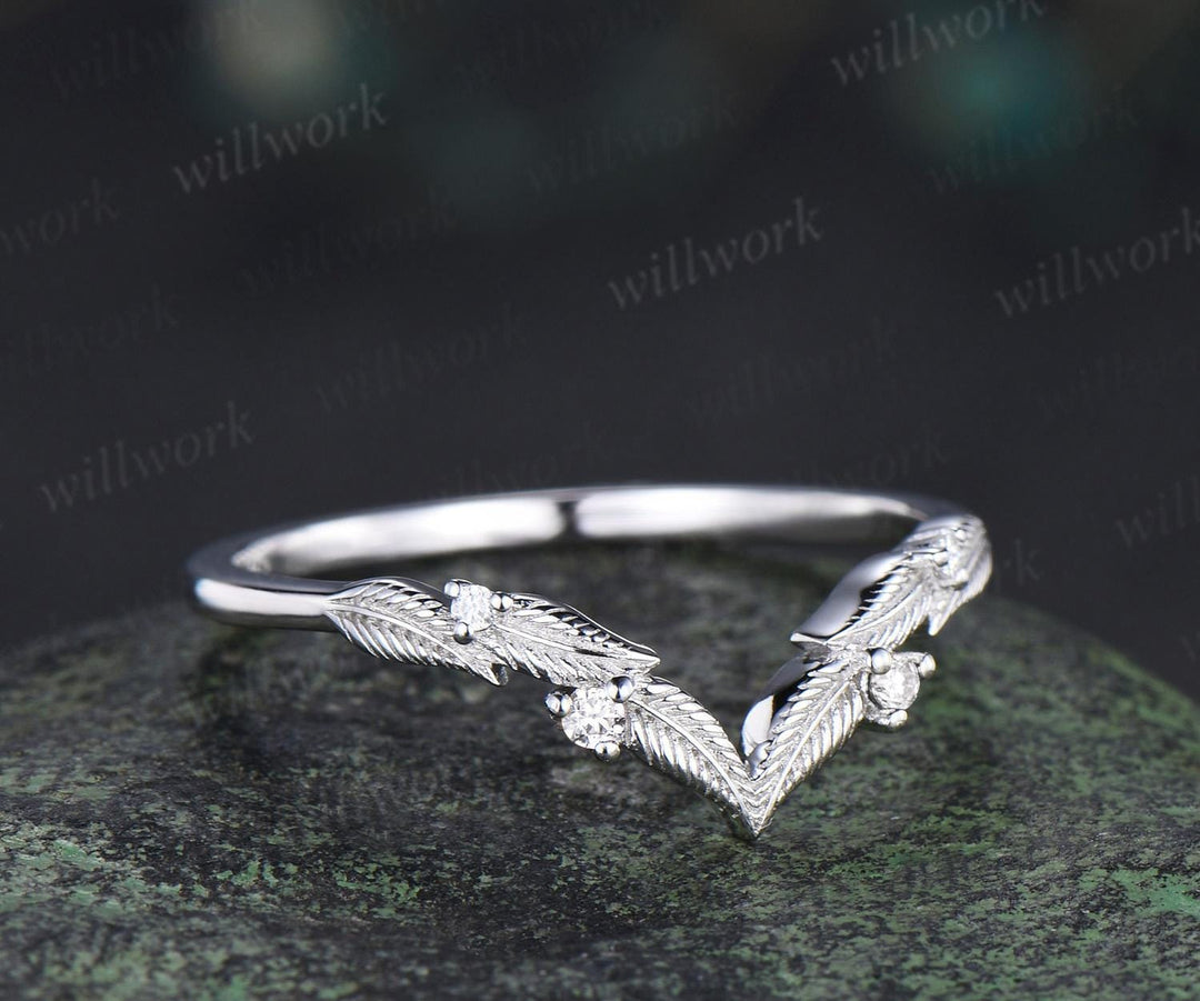 Curved V shaped diamond leaf wedding band white gold nature inspired stacking bridal ring women