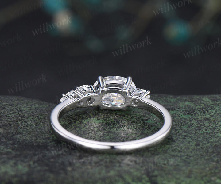 Oval cut lab grown diamond engagement ring 14k white gold Minimalist east to west four stone moissanite wedding promise ring women