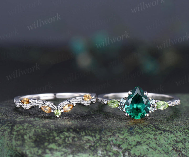 Vintage pear green emerald engagement ring set solid 14k white gold alexandrite peridot citrine art deco leaf wedding ring set women