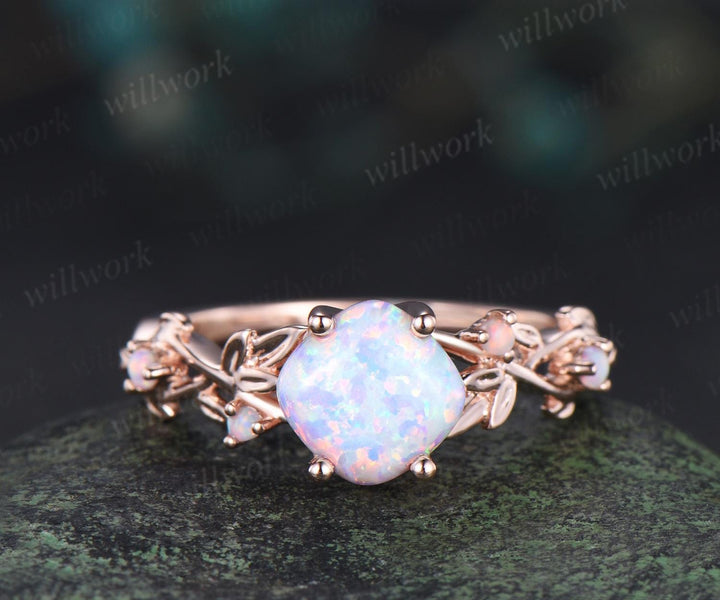 Vintage cushion white opal leaf engagement ring set 14k rose gold five stone cluster opal Nature inspired wedding ring set jewelry