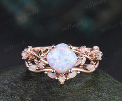 Vintage cushion white opal leaf engagement ring set 14k rose gold five stone cluster opal Nature inspired wedding ring set jewelry