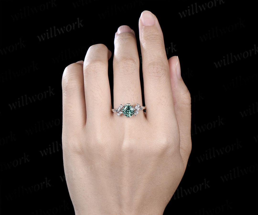 Vintage 1ct round green sapphire engagement ring leaf 14k white gold ring branch twig nature inspired five stone diamond promise ring women