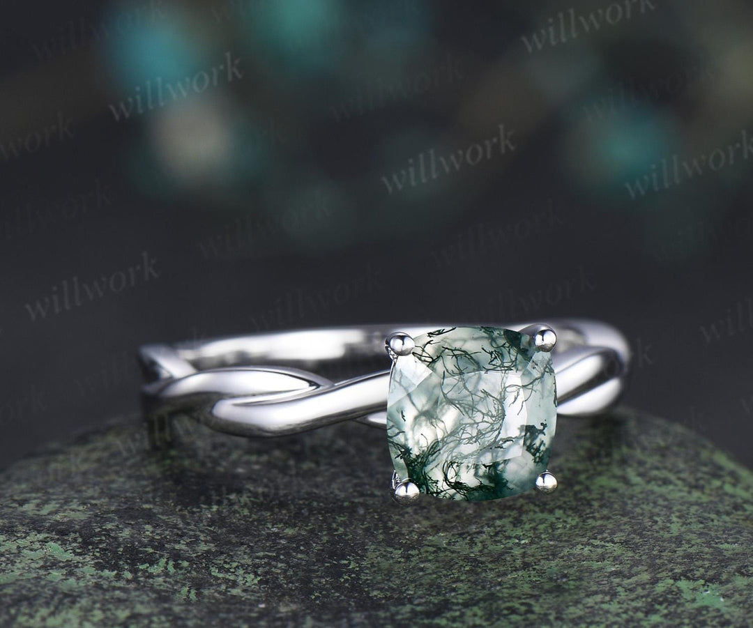 Cushion cut natural moss agate engagement ring infinity cross rope wrapping Solitaire solid 14k white gold wedding ring women jewelry