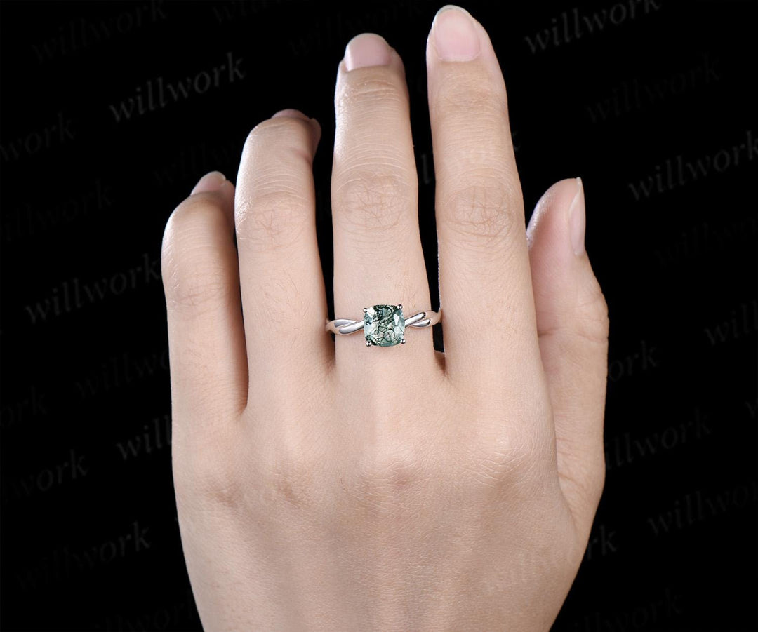 Cushion cut natural moss agate engagement ring infinity cross rope wrapping Solitaire solid 14k white gold wedding ring women jewelry