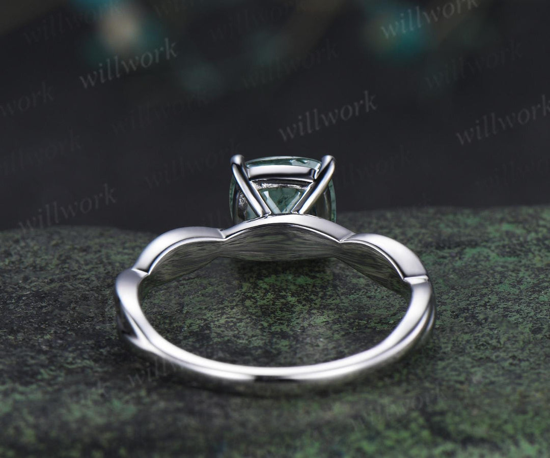Cushion cut natural moss agate engagement ring infinity cross rope wrapping Solitaire solid 14k white gold wedding ring women jewelry