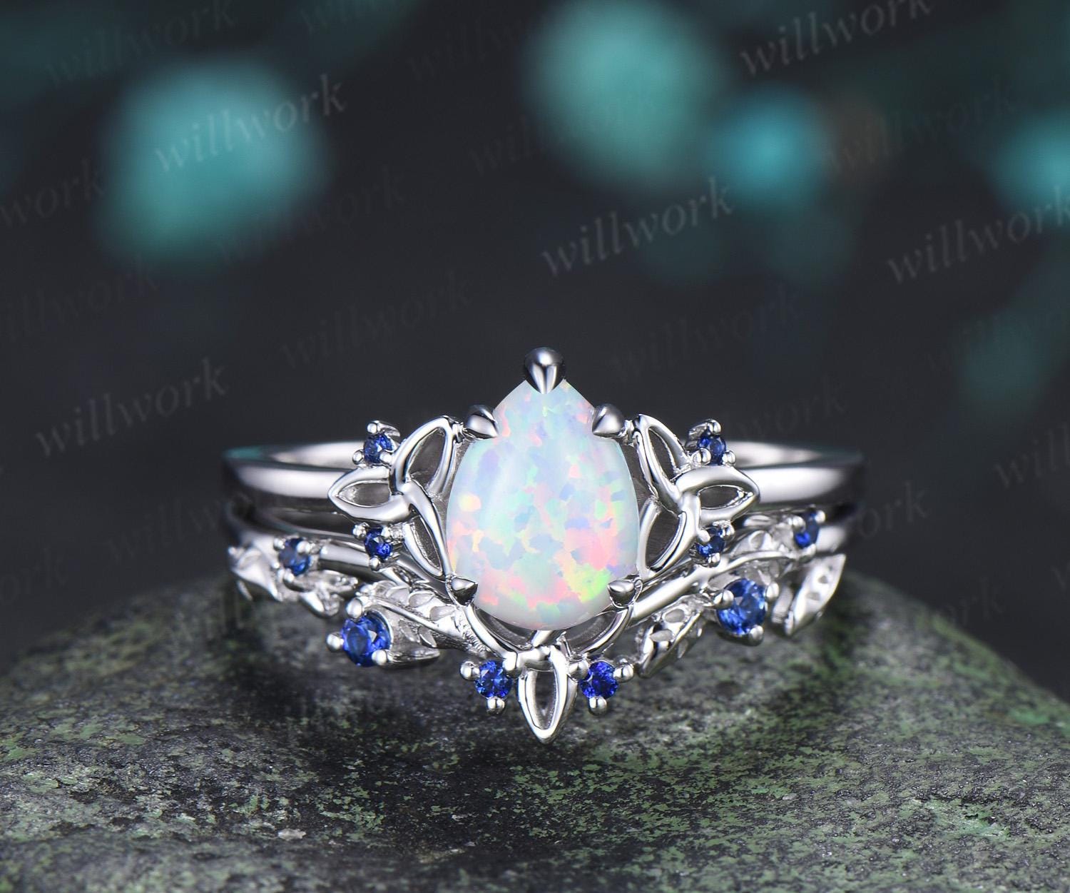 Pear shaped white opal ring vintage celtic knot unique engagement