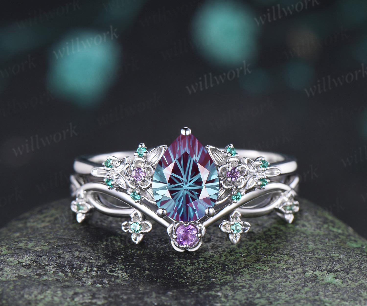 Teardrop pear fireworks cut alexandrite engagement ring 14k white