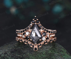 Unique kite cut salt and pepper diamond engagement ring rose gold snowdrift black diamond stacking wedding ring set women