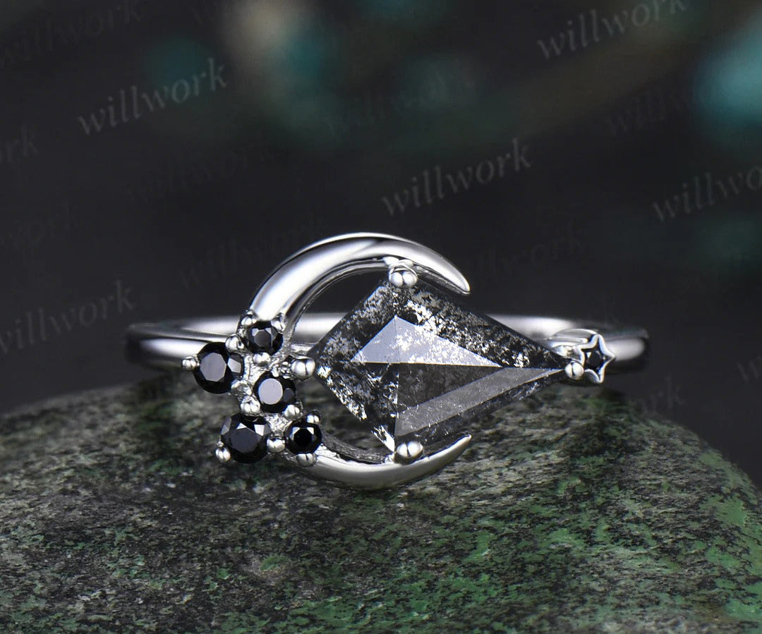 Moon kite cut salt and pepper diamond engagement ring East To West black diamond wedding anniversary ring gift