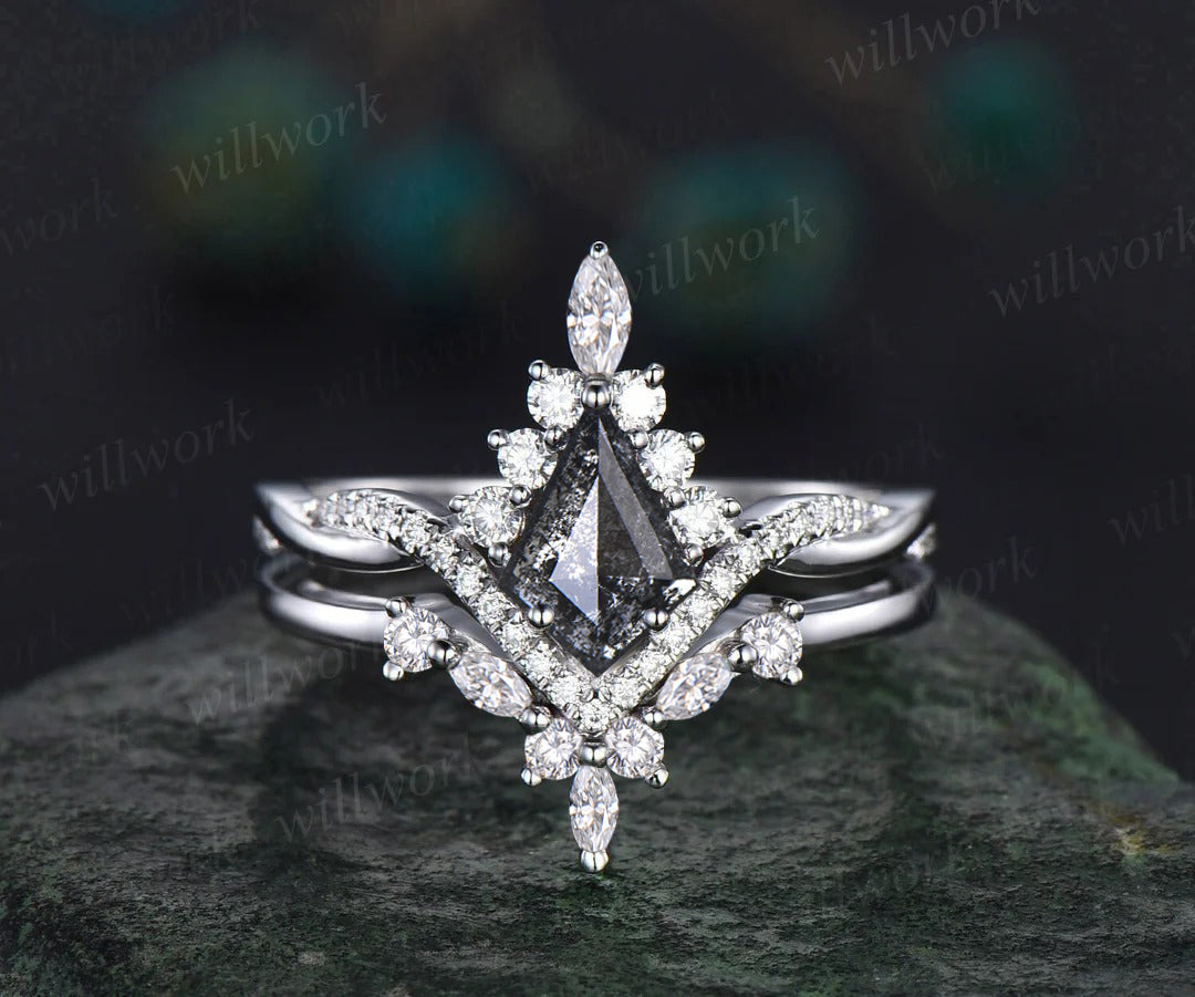 Vintage kite cut salt and pepper diamond engagement ring set twisted infinity diamond wedding bridal ring set women gifts