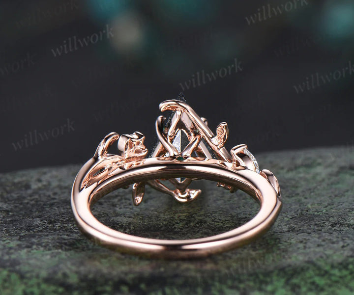 Kite cut salt and pepper diamond ring moon leaf nature inspired engagement ring diamond moissanite accented wedding ring women