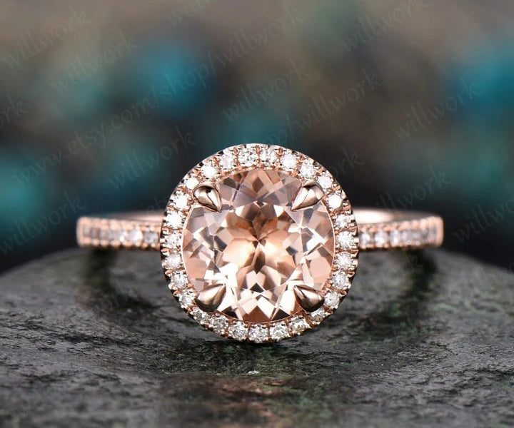 Vintage unique round cut Morganite engagement ring set solid 14k rose gold halo full eternity marquise diamond promse wedding ring set women
