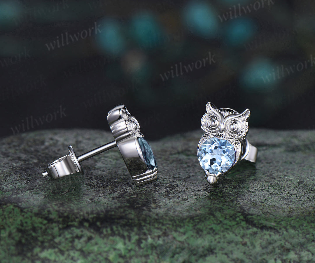 Owl round cut aquamarine Stud Earrings white gold Hypoallergenic Earrings Animal Inspired Gemstone Jewelry