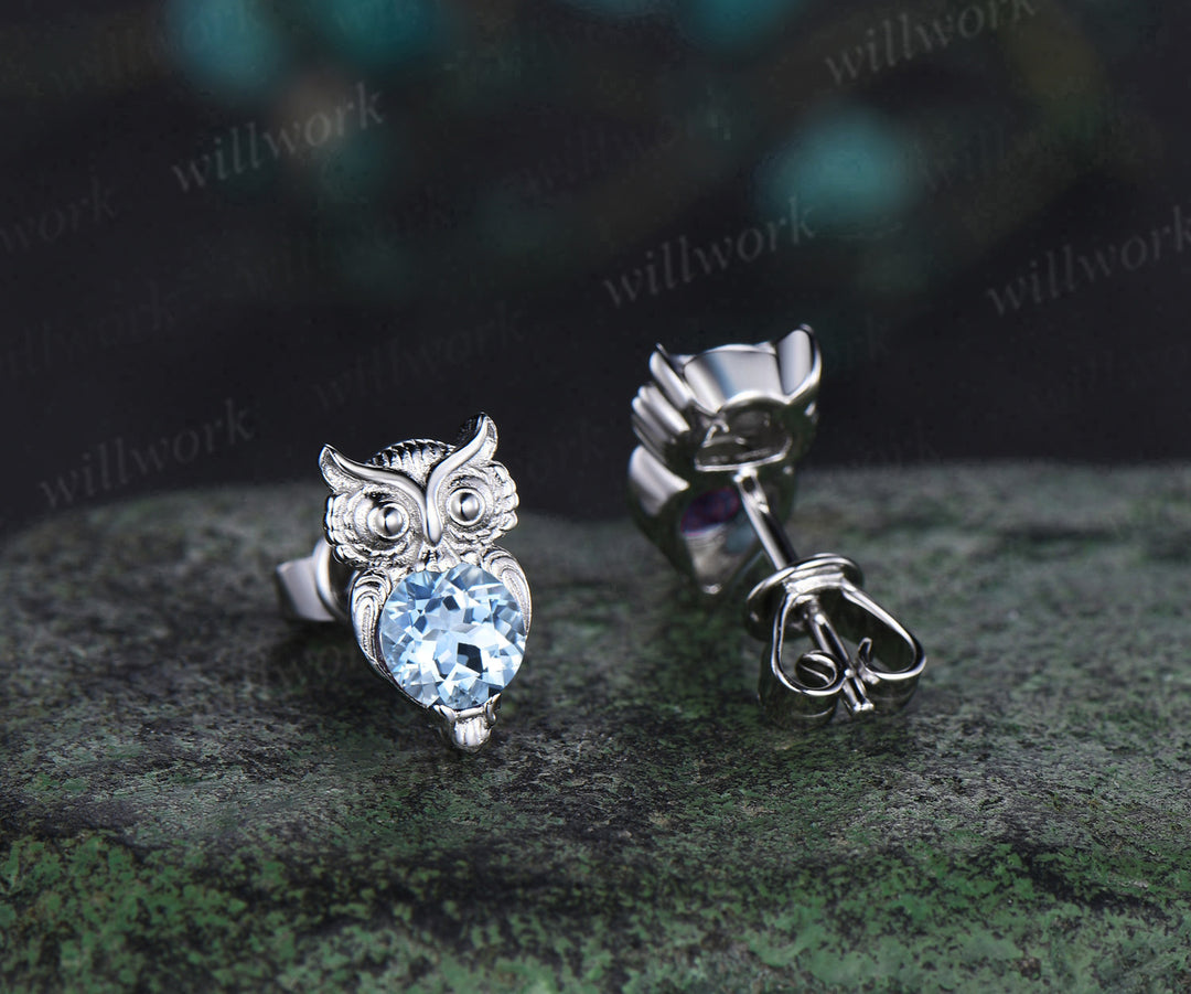 Owl round cut aquamarine Stud Earrings white gold Hypoallergenic Earrings Animal Inspired Gemstone Jewelry