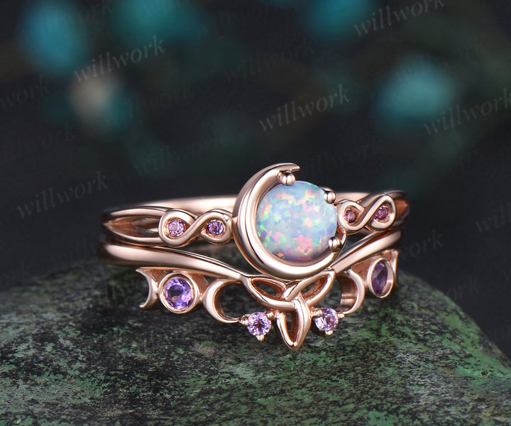 Round white opal engagement ring rose gold moon infinity five stone amethyst Celtic knot wedding ring set women