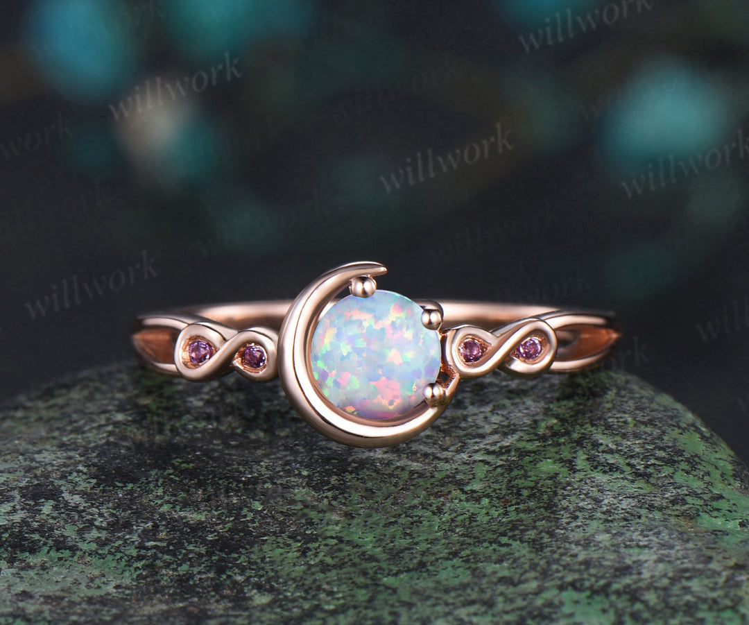 Round white opal engagement ring rose gold moon infinity five stone amethyst Celtic knot wedding ring set women