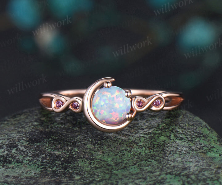 Round white opal engagement ring rose gold moon infinity five stone amethyst Celtic knot wedding ring set women