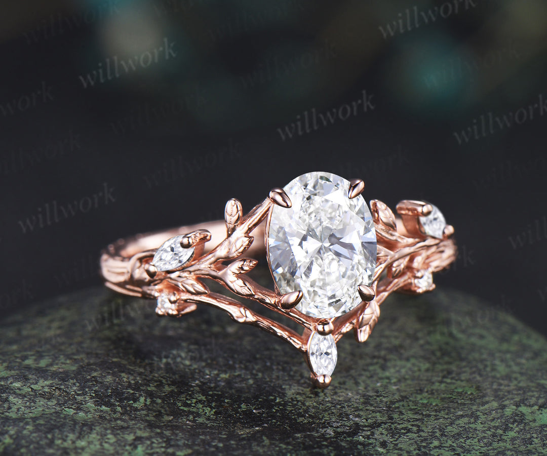 Vintage oval cut Lab grown diamond engagement ring 14k rose gold leaf branch art deco promise ring