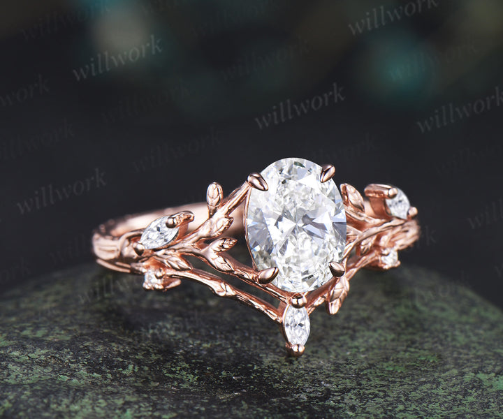 Vintage oval cut Lab grown diamond engagement ring 14k rose gold leaf branch art deco promise ring
