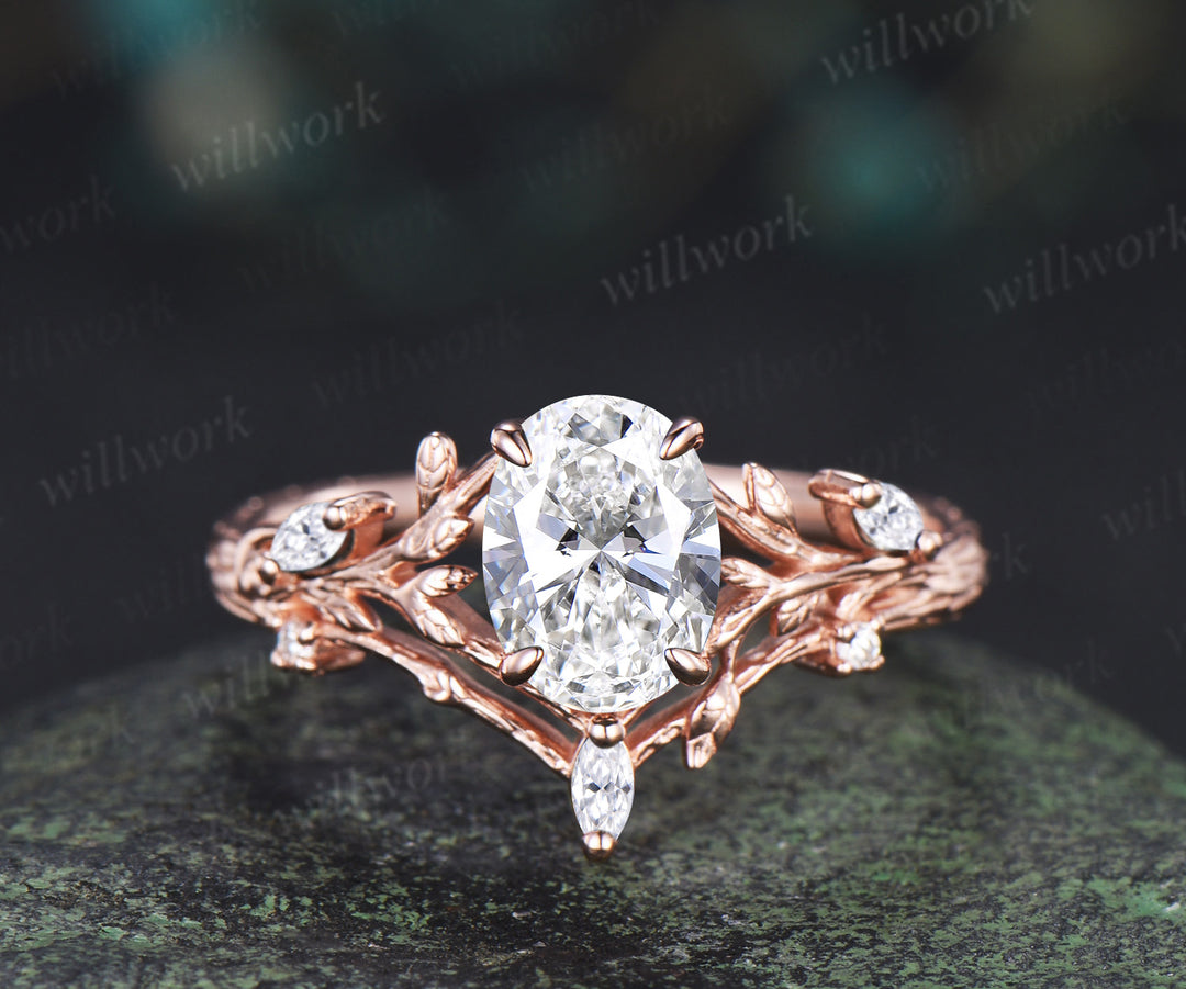 Vintage oval cut Lab grown diamond engagement ring 14k rose gold leaf branch art deco promise ring