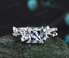 Princess cut gray moissanite ring vintage white gold diamond unique vine branch moon engagement ring infinity promise anniversary ring women gift