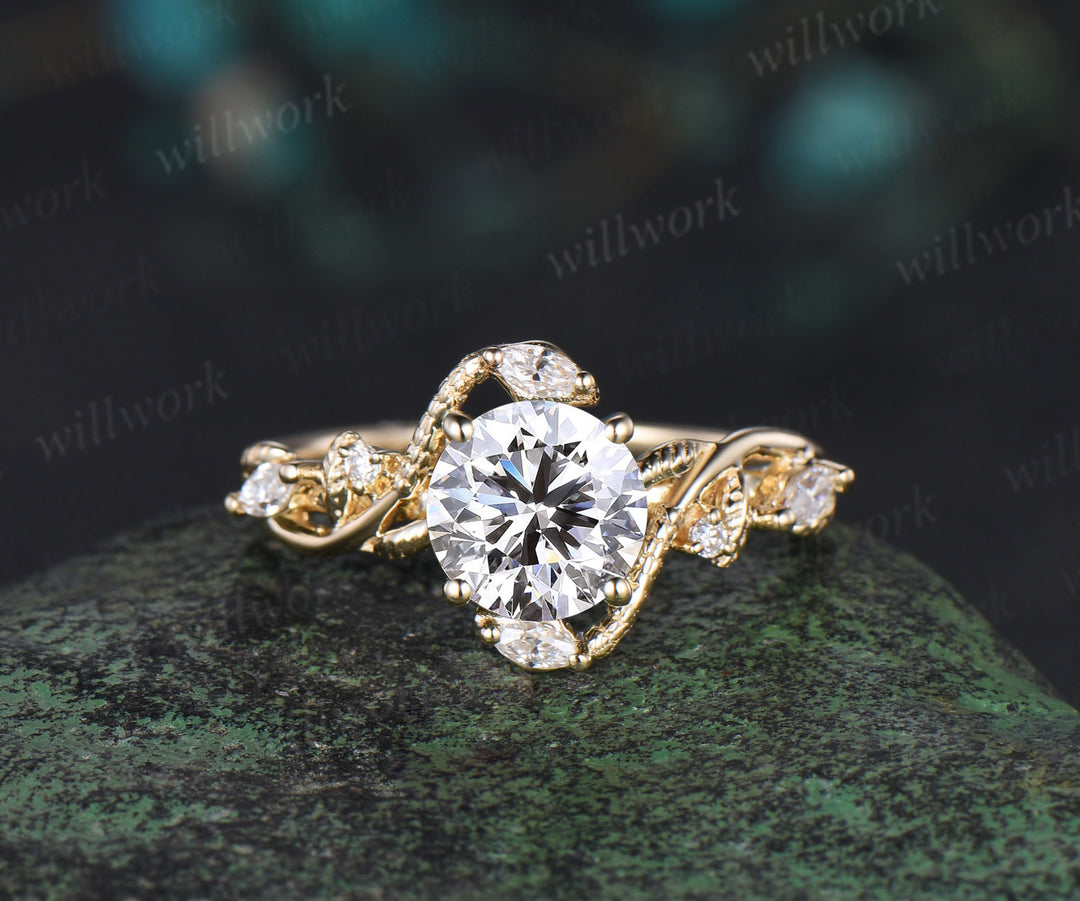 Round cut IGI Lab grown diamond engagement ring solid 14k 18k yellow gold Snake unique wedding promise ring set women