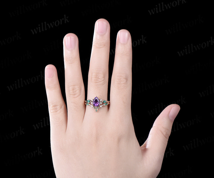 Pear purple amethyst engagement ring rose gold infinity twisted Celtic knot Baguette cut emerald February birthstone ring women gift