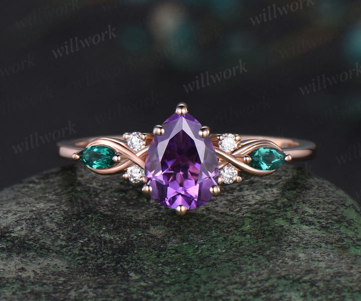 Pear purple amethyst engagement ring rose gold infinity twisted Celtic knot Baguette cut emerald February birthstone ring women gift