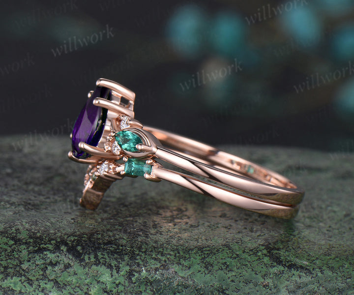 Pear purple amethyst engagement ring rose gold infinity twisted Celtic knot Baguette cut emerald February birthstone ring women gift