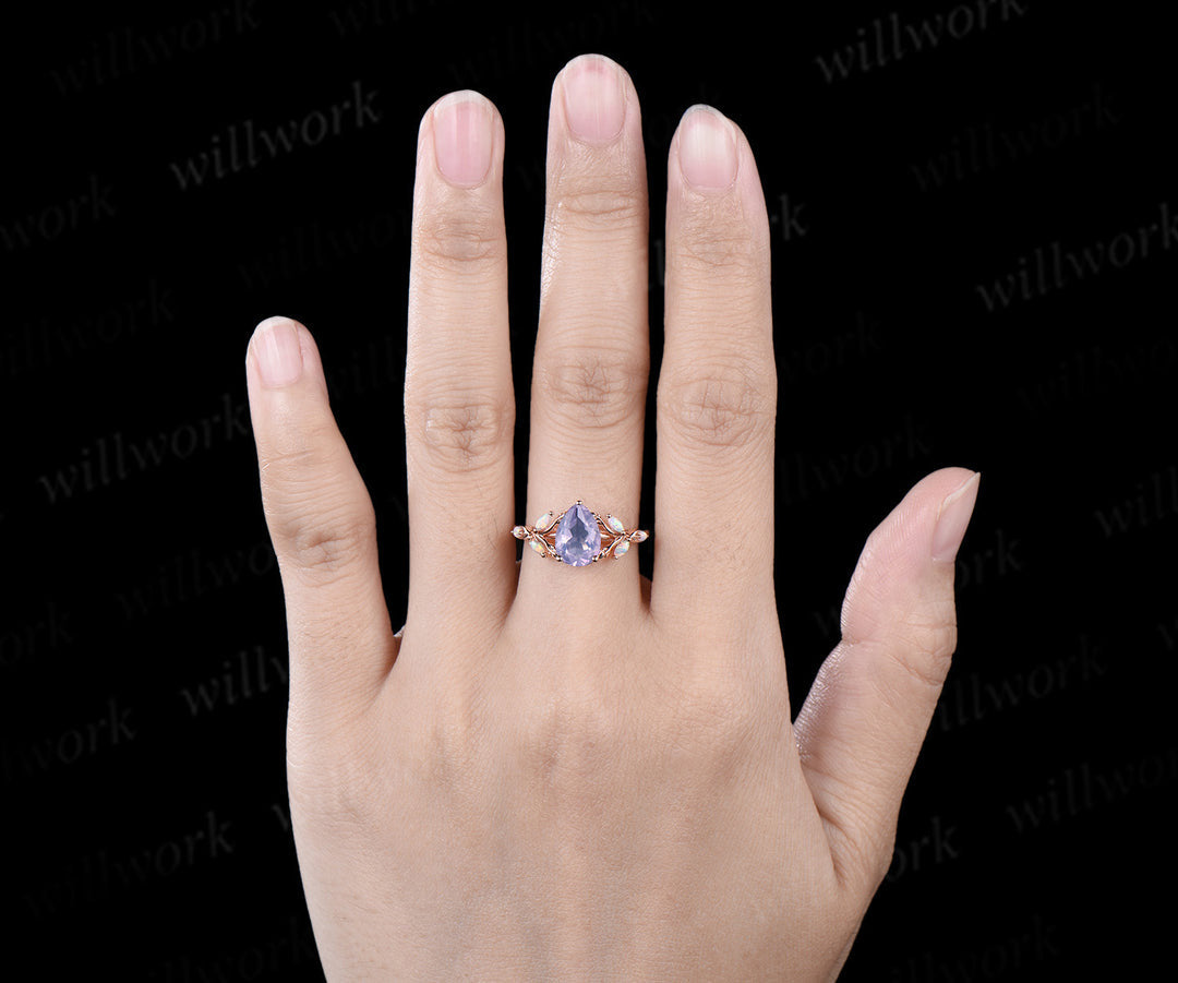 Unique kite cut natural lavender amethyst engagement ring leaf split shank cluster opal ring 14k rose gold antique promise wedding ring
