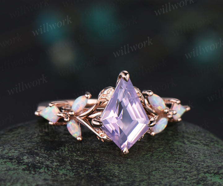 Unique kite cut natural lavender amethyst engagement ring leaf split shank cluster opal ring 14k rose gold antique promise wedding ring