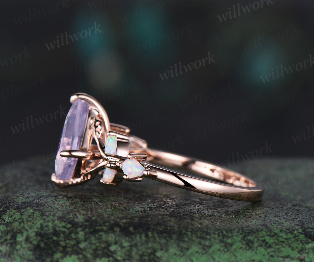 Unique kite cut natural lavender amethyst engagement ring leaf split shank cluster opal ring 14k rose gold antique promise wedding ring