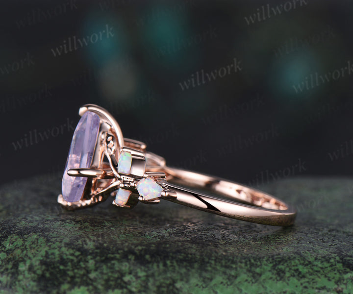 Unique kite cut natural lavender amethyst engagement ring leaf split shank cluster opal ring 14k rose gold antique promise wedding ring