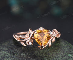 Heart shaped yellow citrine engagement ring rose gold twig leaf Nature inspired moon diamond anniversary ring women gift