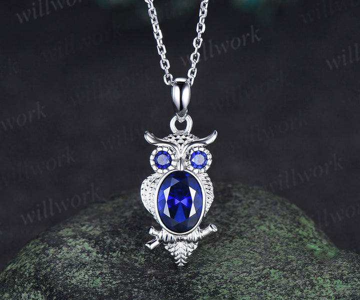 Unique Owl Sapphire Necklace Personalized Pendant Necklace 14k 18k White Gold Pendant Night Owl Animal Inspired Promise Gift
