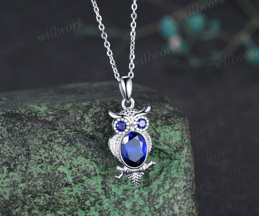 Unique Owl Sapphire Necklace Personalized Pendant Necklace 14k 18k White Gold Pendant Night Owl Animal Inspired Promise Gift
