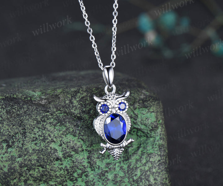 Unique Owl Sapphire Necklace Personalized Pendant Necklace 14k 18k White Gold Pendant Night Owl Animal Inspired Promise Gift