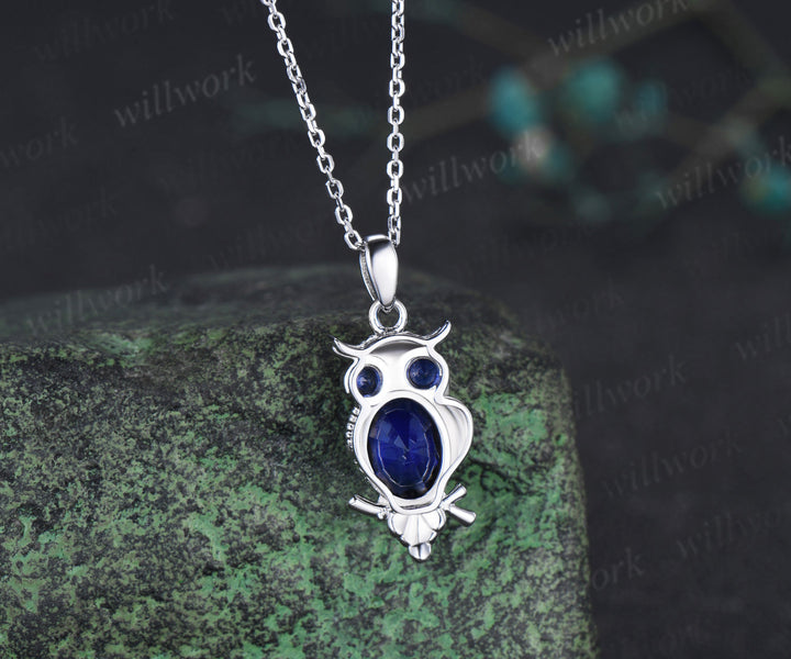 Unique Owl Sapphire Necklace Personalized Pendant Necklace 14k 18k White Gold Pendant Night Owl Animal Inspired Promise Gift
