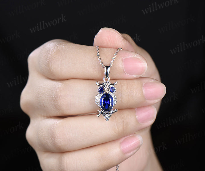 Unique Owl Sapphire Necklace Personalized Pendant Necklace 14k 18k White Gold Pendant Night Owl Animal Inspired Promise Gift