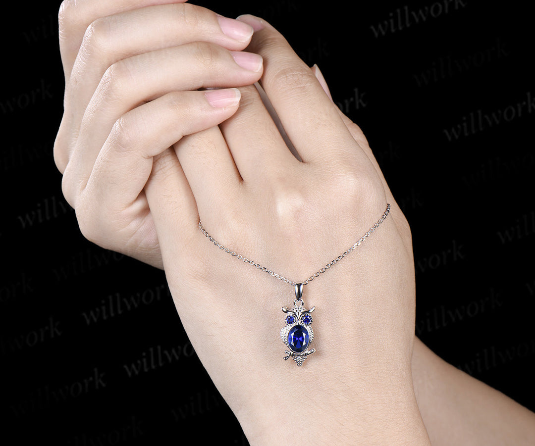 Unique Owl Sapphire Necklace Personalized Pendant Necklace 14k 18k White Gold Pendant Night Owl Animal Inspired Promise Gift