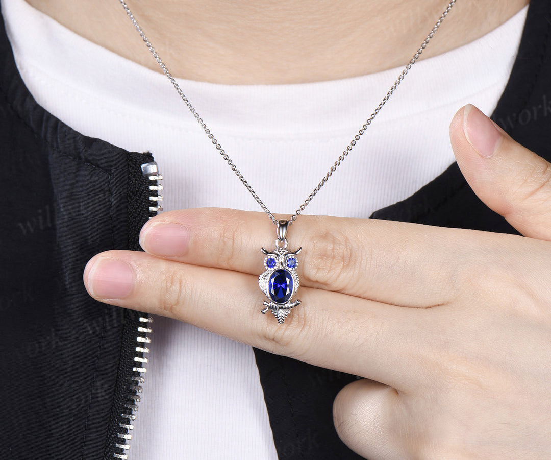 Unique Owl Sapphire Necklace Personalized Pendant Necklace 14k 18k White Gold Pendant Night Owl Animal Inspired Promise Gift