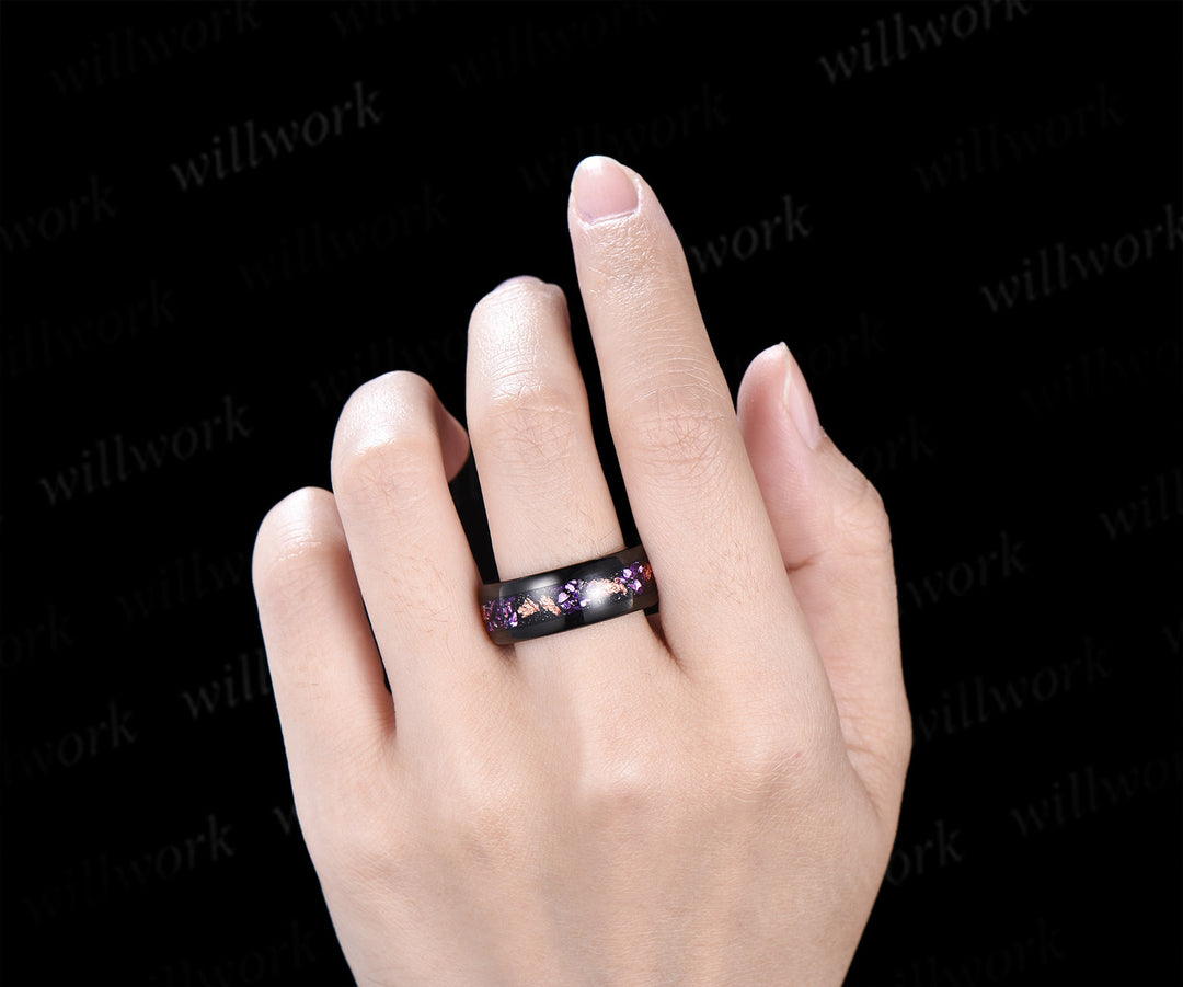 Oval Lavender Amethsyt Twig Moss Agate Leaf Bridal Set & Tungsten Amethyst Men Wedding Band Unique Couple Ring Set